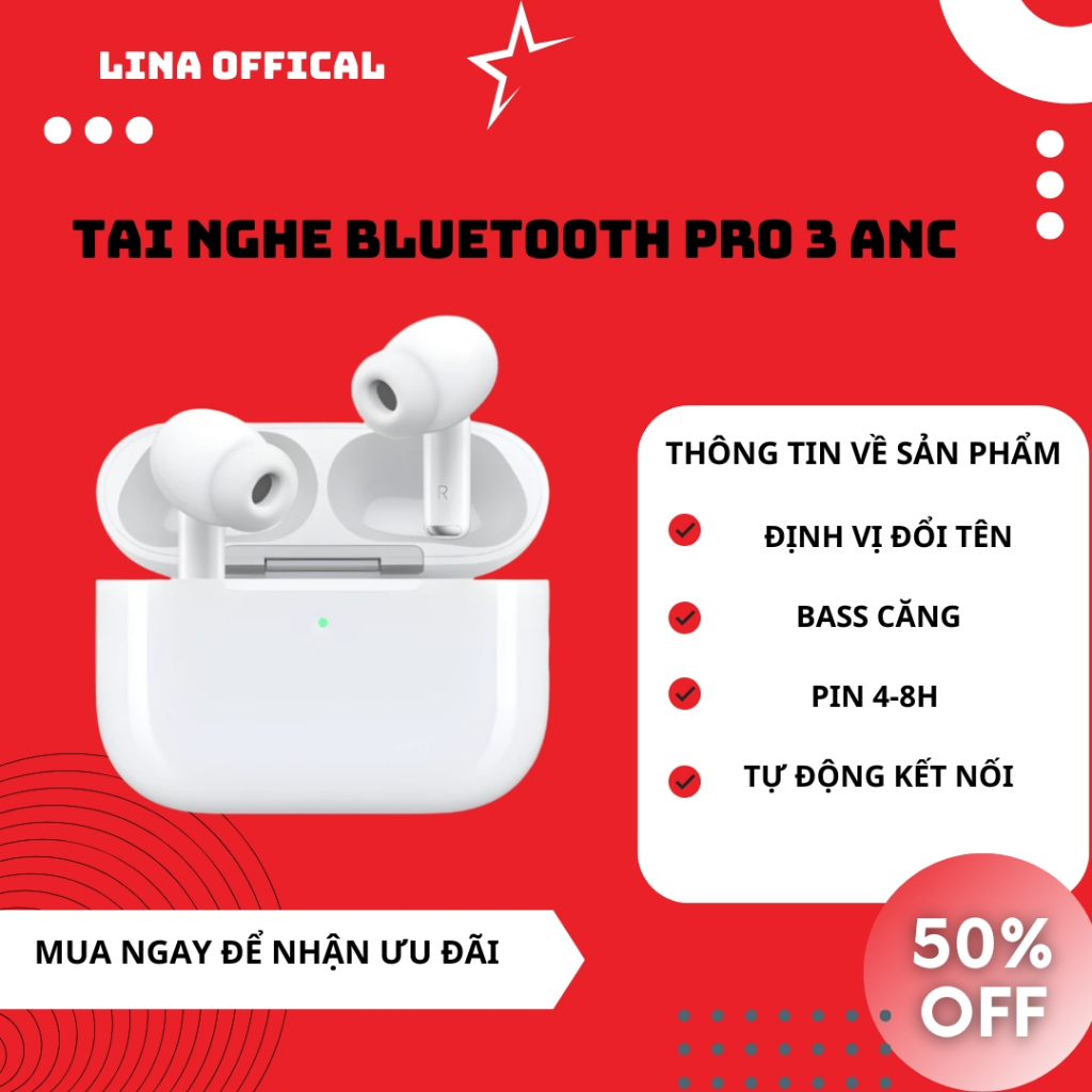 Tai nghe Bluetooth Không Dây Pro 3 Bản 8H Định Vị Đổi Tên Nghe Nhạc Dùng Cho Mọi Dòng Máy Bảo Hành