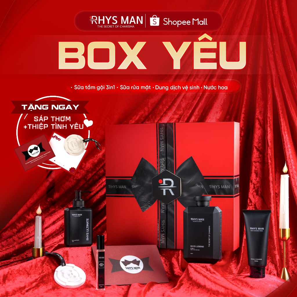 Quà tặng Valentine - Sữa tắm gội 3in1 350ml & Sữa rửa mặt 100ml & Dung dịch vệ sinh 120ml & Nước hoa nam 10ml RHYS MAN