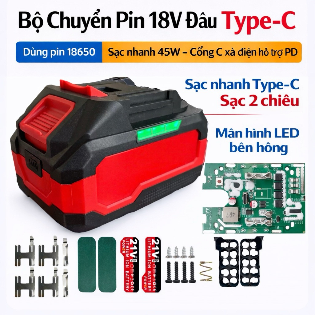 Sạc Nhanh Type C Mạch Pin Makita làm sạc dự phòng 18-21v Chống Sốc - Led báo pin bên hông - 5/10/15 