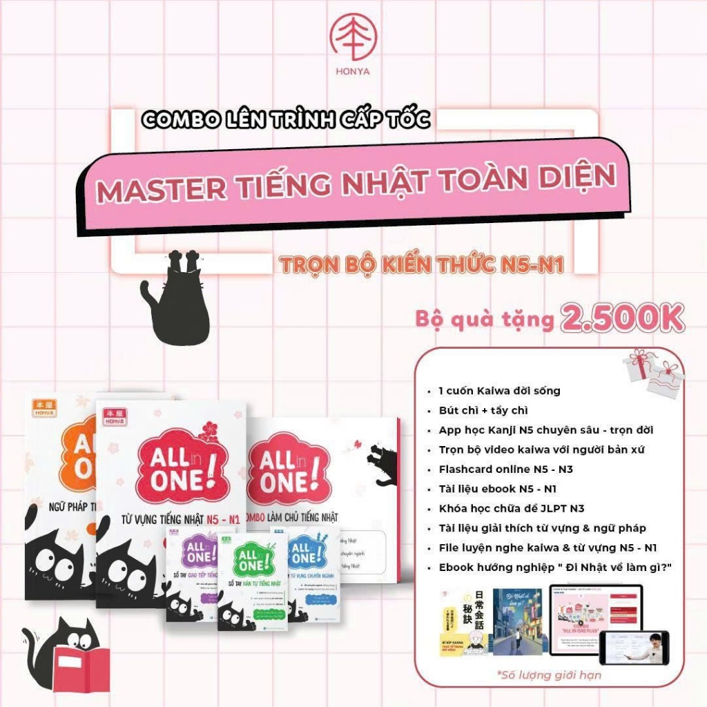 [Tặng Khóa Học] Combo Trọn bộ Sách Học Tiếng Nhật N5-N1 All In One Honya, Tặng tài liệu, Sách Kaiwa