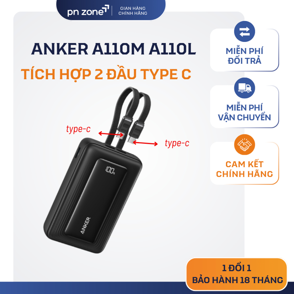 SDP Anker Zolo 10.000/20.000mAh Tích Hợp 2 Dây Type - C 45W A1681 A110M - Bảo Hành 18 Tháng