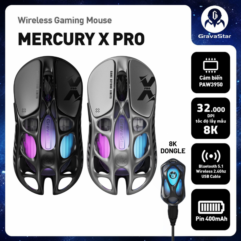 Chuột không dây Gaming Gravastar Mercury X Pro (kèm Dongle 8K) - Hàng chính hãng