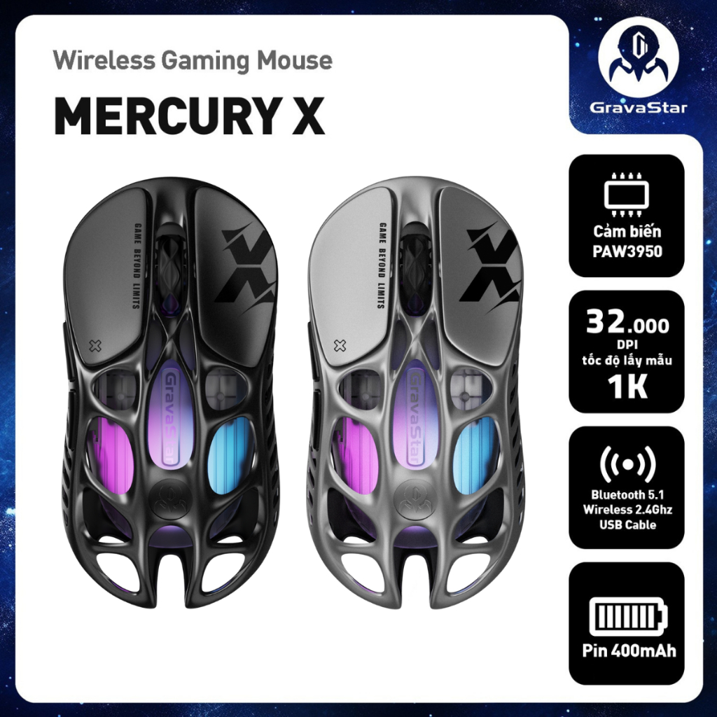 Chuột không dây Gaming GravaStar Mercury X Wireless Gaming Mouse - Cảm biến PAW3950, 32000DPI