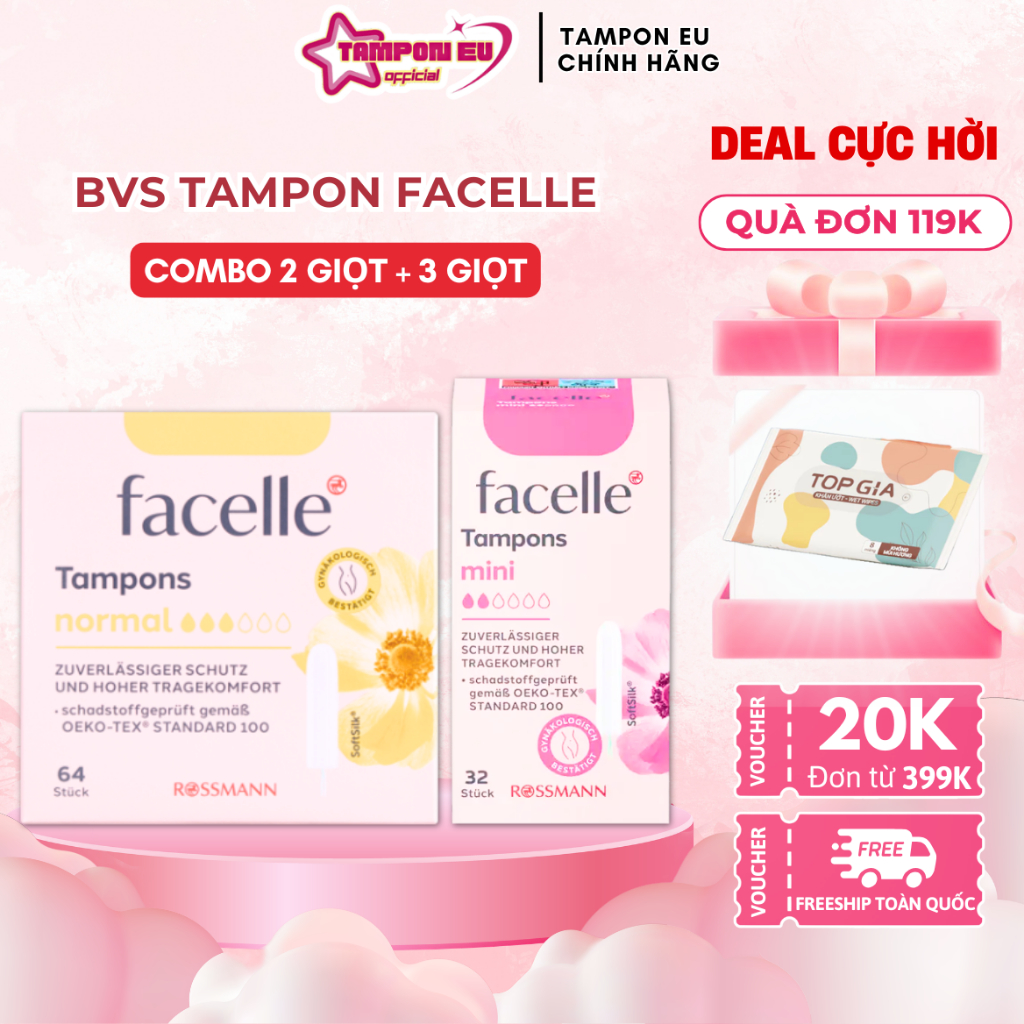 Combo băng vệ sinh Tampon Facelle 2 giọt + 3 giọt khô ráo thoáng mát có thể đi bơi