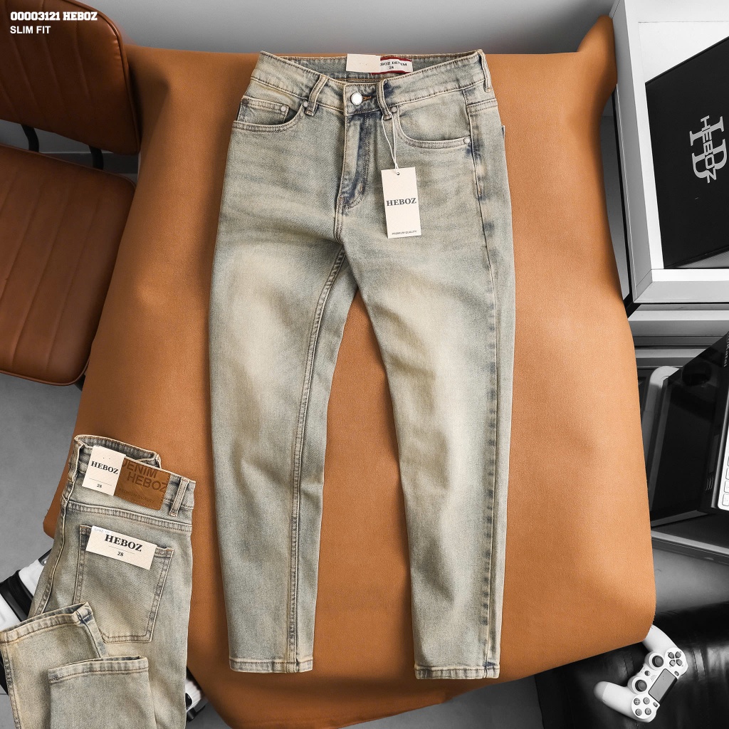 Quần jean nam Heboz dáng slim trơn D117, quần dài nam denim wash cao cấp - 00003121