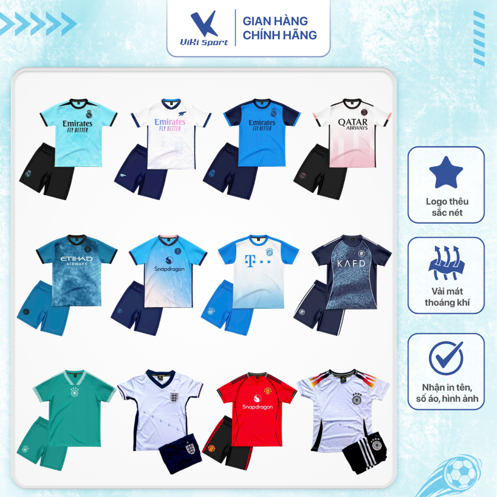 Bộ quần áo đá bóng cho trẻ Từ 10kg đến 45kg, vải thun lạnh cao cấp, thoáng khí SV06 | ViKi Sport