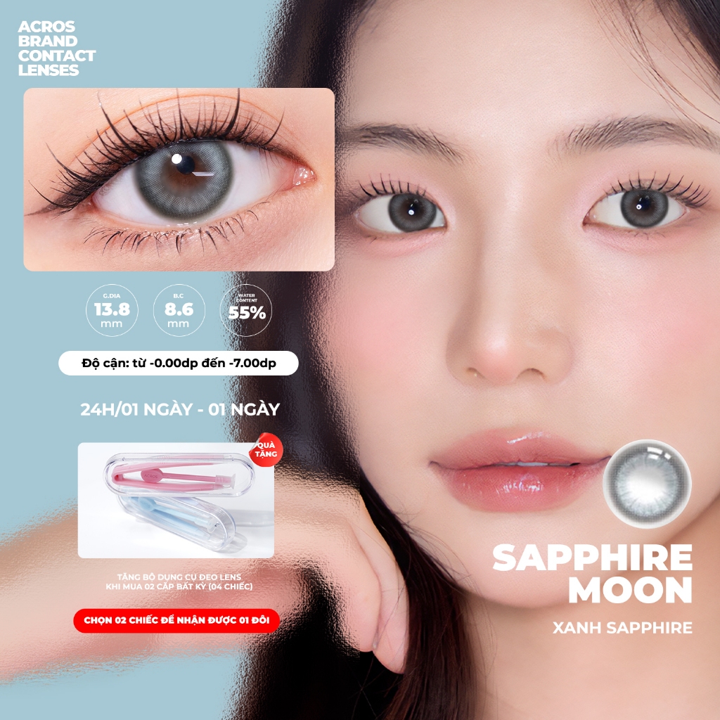 Combo 10 chiếc - Kính áp tròng ACROS BRAND CONTACT LENSES - Màu xanh sapphire Clalen Sapphire Moon -