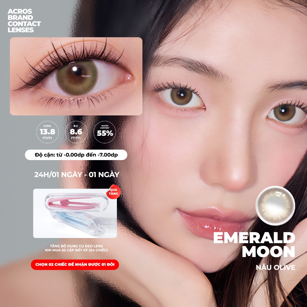 Combo 10 chiếc - Kính áp tròng ACROS BRAND CONTACT LENSES - Màu nâu olive Clalen Emerald Moon - Lens