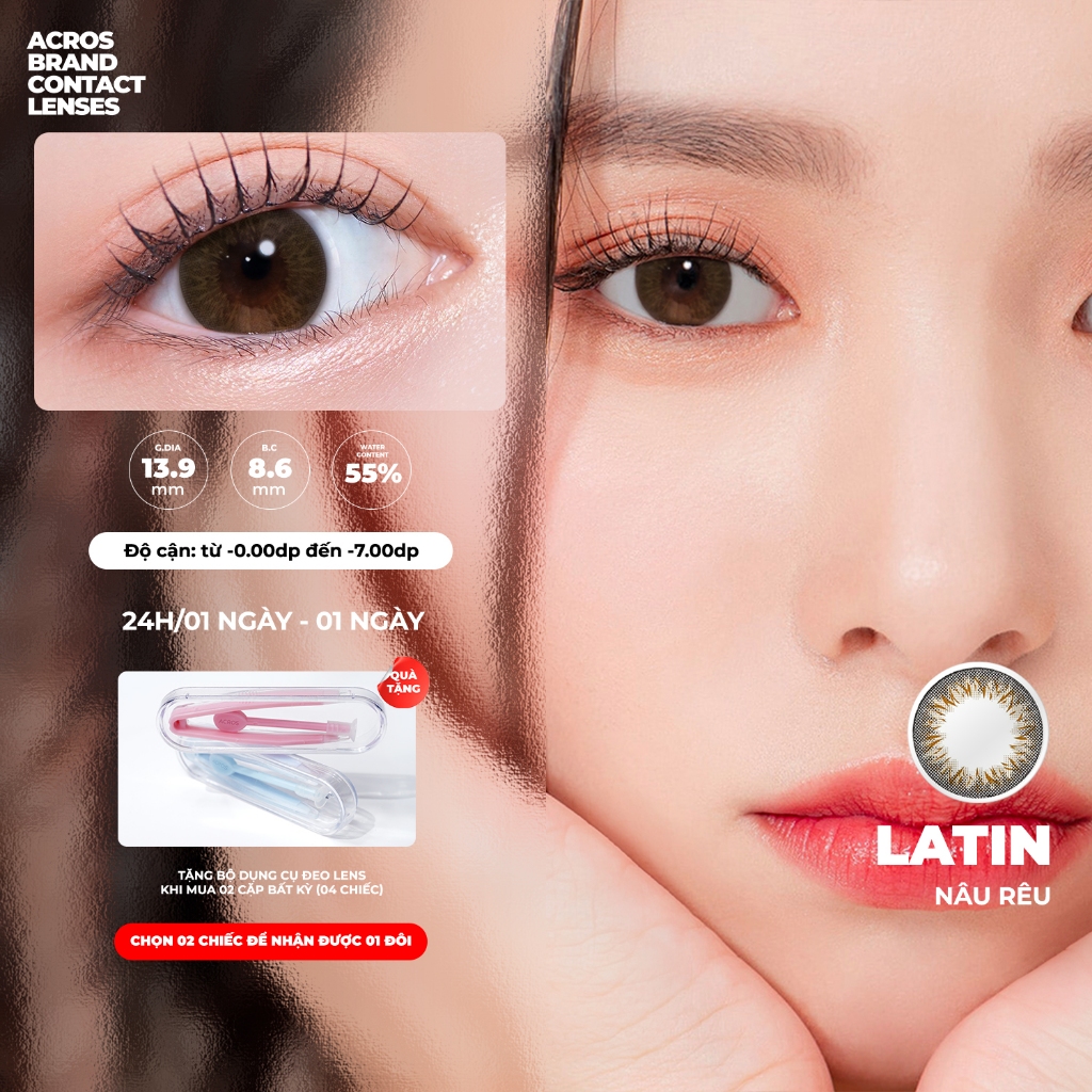 Combo 10 chiếc - Kính áp tròng ACROS BRAND CONTACT LENSES - Màu nâu rêu Clalen Latin - Lens 1 ngày