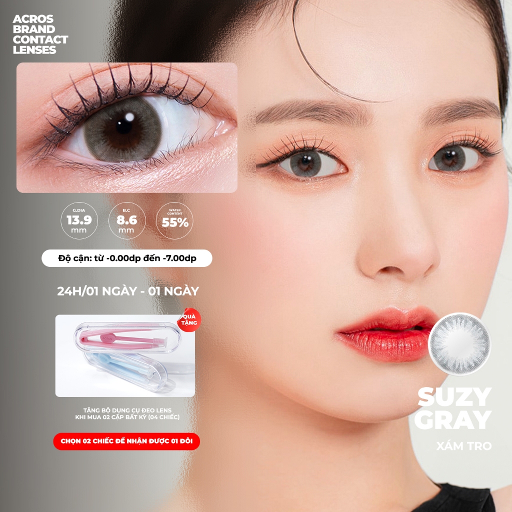 Combo 10 chiếc - Kính áp tròng ACROS BRAND CONTACT LENSES - Màu xám tro Clalen Suzy Gray - Lens 1 ng