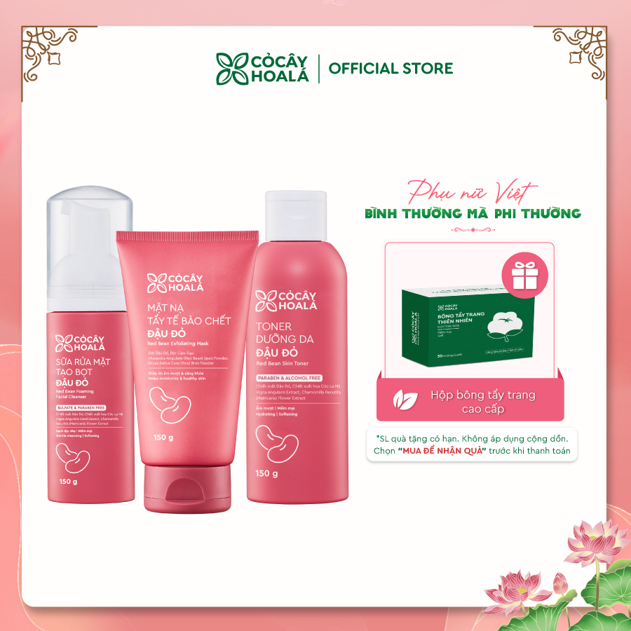 Combo Sữa Rửa Mặt, Mặt Nạ Tẩy Tế Bào Chết, Toner Đậu Đỏ Việt Nam Cỏ Cây Hoa Lá, làm sạch sâu dưỡng sáng 150g