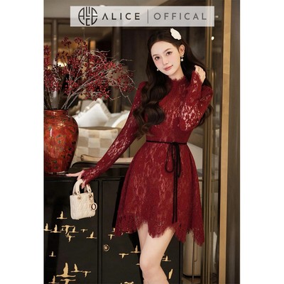 Váy Ren Hoa Cao Cấp Alice Dáng Ngắn Chữ A, Đầm Dài Tay Cổ Tròn Phối Dây Eo Tôn Dáng, Có Lót Lụa V1451