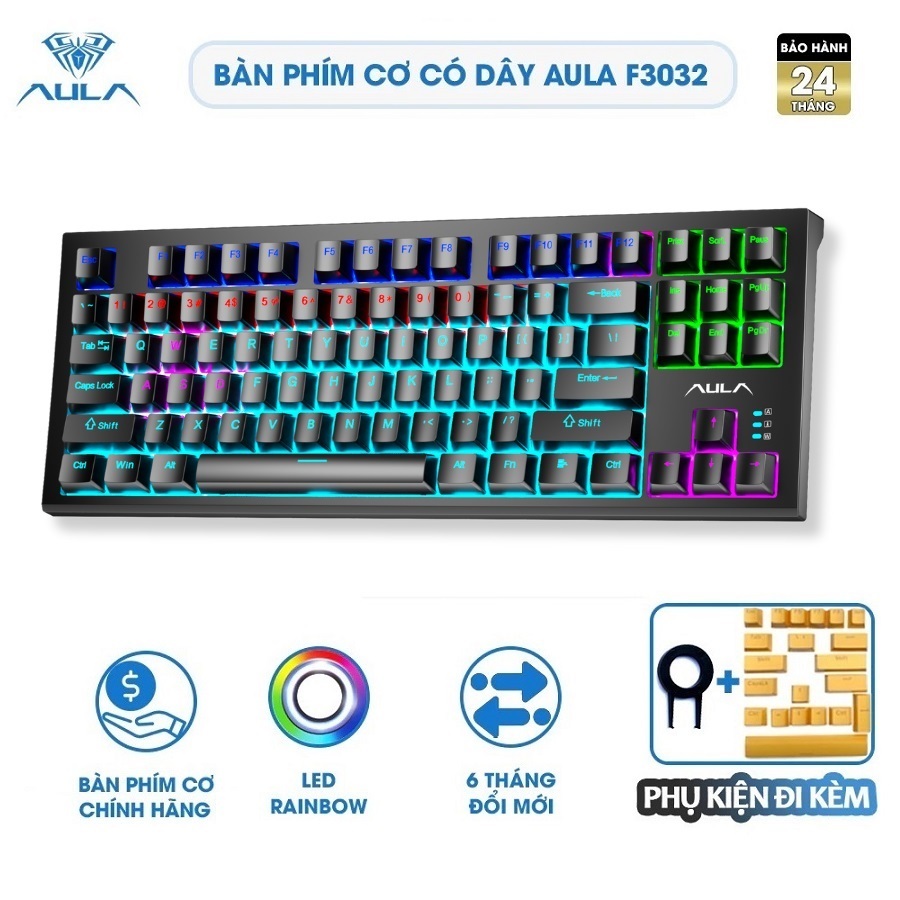 Bàn Phím Cơ Có Dây 87 Phím AULA F3032 Gaming Led Rainbow 5 Pin Chơi Game - Chính Hãng Bảo Hành 24 Th