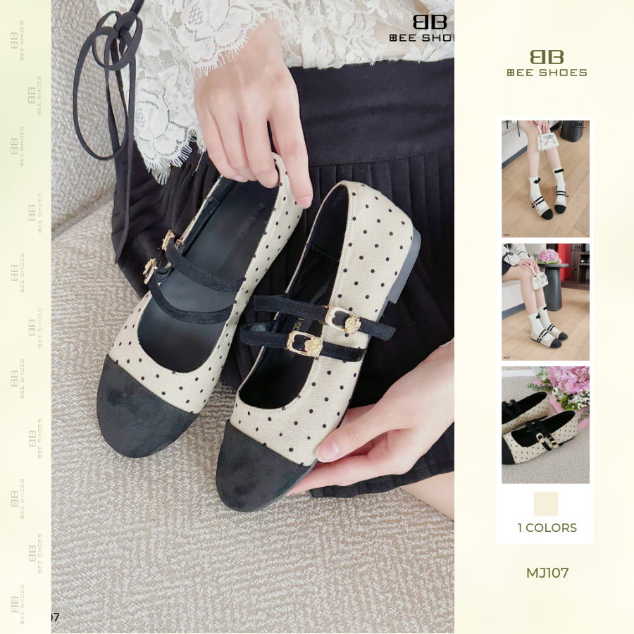 Giày mary jane nữ BEESHOES chấm bi mũi tròn đế thấp 1 phân sẵn màu kem MJ107 (Form 1.5)