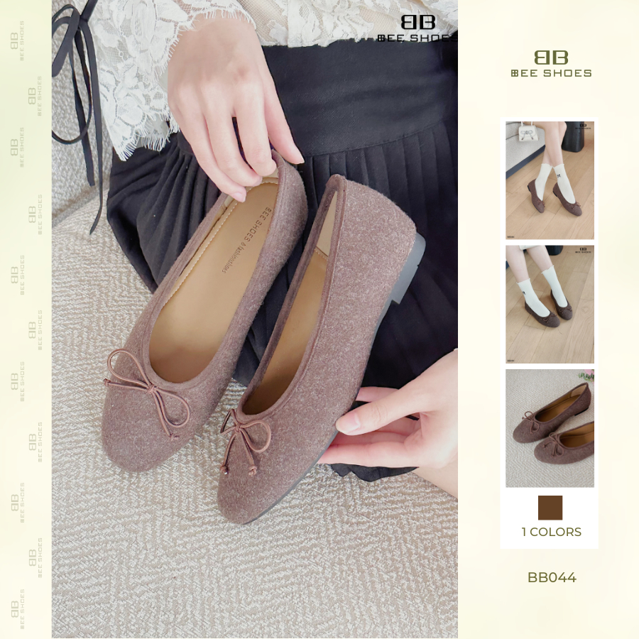 Giày búp bê nữ BEESHOES mũi tròn đế bệt sẵn màu nâu BB044