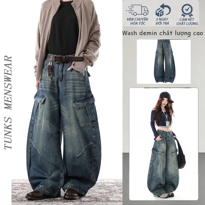 TUNKS Quần jeans baggy nam nữ Haven Studio ống cong form rộng màu xanh xu hướng thời trang