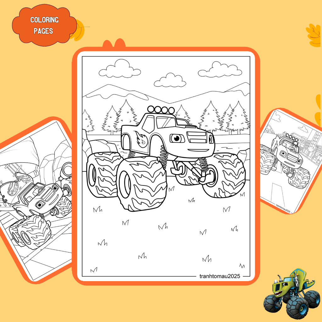 Bộ 50/25/10 tờ tranh tô màu, tranh tập tô cho bé, xe tải Blaze and the Monster Machine, giấy A4, A5 
