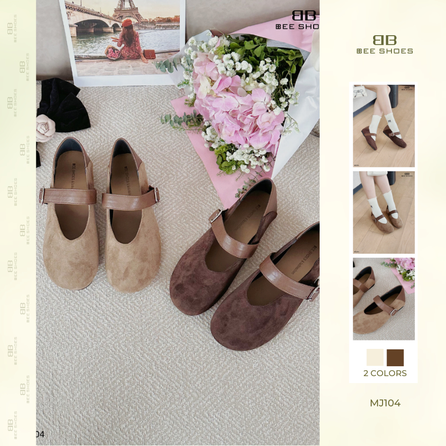 Giày mary jane nữ BEESHOES trơn da lộn mũi tròn, đế thấp 1 phân sẵn màu nâu nhạt - nâu đậm MJ104 (Fo