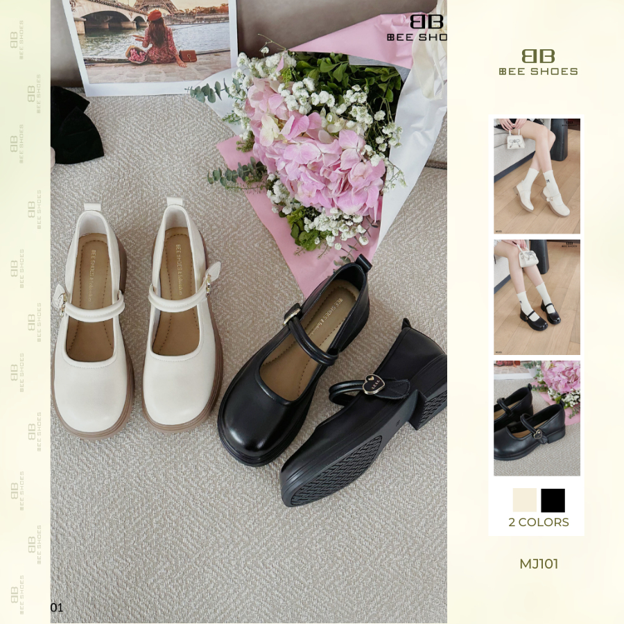 Giày mary jane nữ BEESHOES da lì, quai ngang mũi tròn đế vuông cao 3 phân sẵn màu kem - đen MJ101 (F