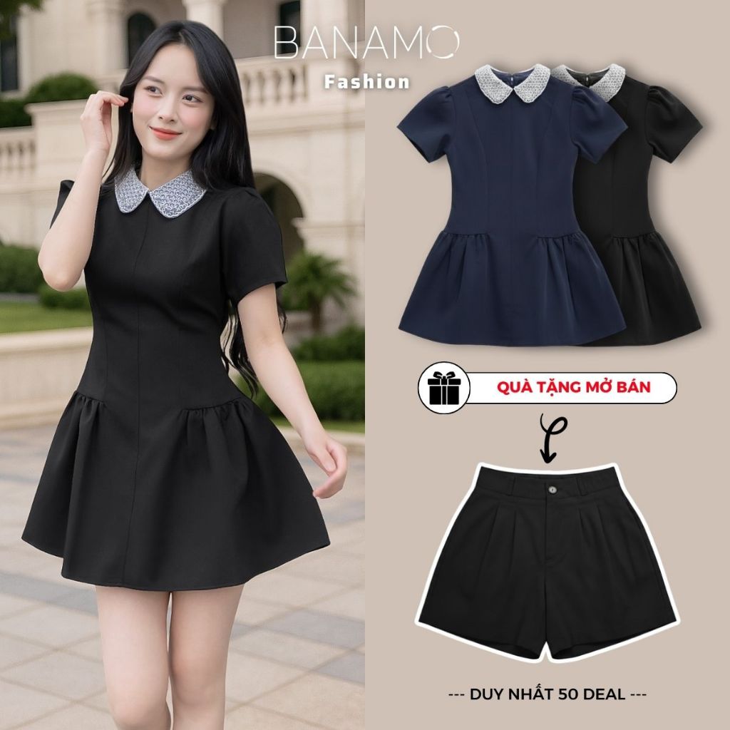 Đầm nữ thiết kế BIGSIZE Banamo Fashion váy cổ cườm cộc tay dáng ngắn đuôi váy xoè tiểu thư 591