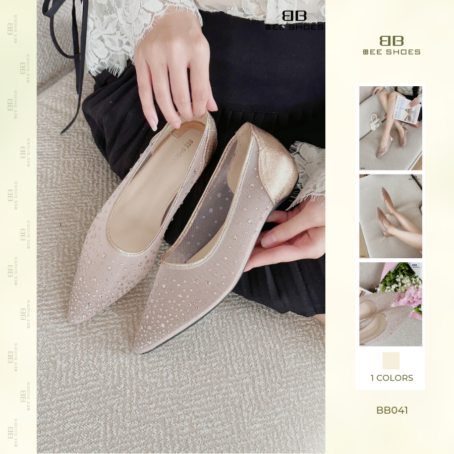 Giày búp bê nữ BEESHOES lưới đính đá mũi nhọn đế bệt sẵn màu kem BB041