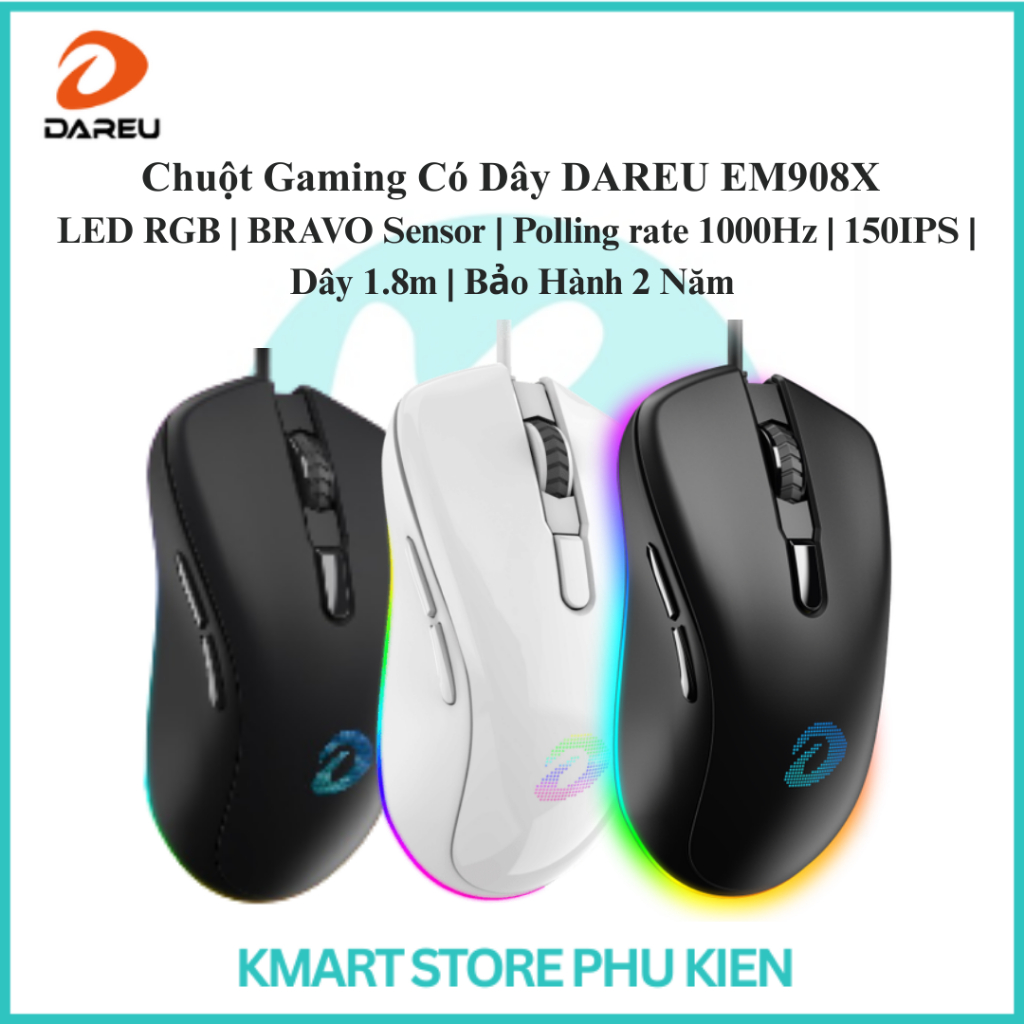 Chuột Gaming Có Dây DAREU EM908X | LED RGB | BRAVO Sensor | Polling rate 1000Hz | 150IPS | Dây 1.8m 
