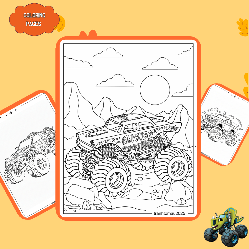 Bộ 50/25/10 tờ tranh tô màu, tranh tập tô cho bé, hình xe tải quái vật Monster Truck, giấy A4, A5 dà