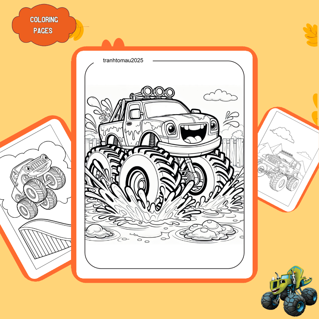 Bộ 50/25/10 tờ tranh tô màu, tranh tập tô cho bé, hình xe tải Monster Truck, giấy A4, A5 dày 160gsm 