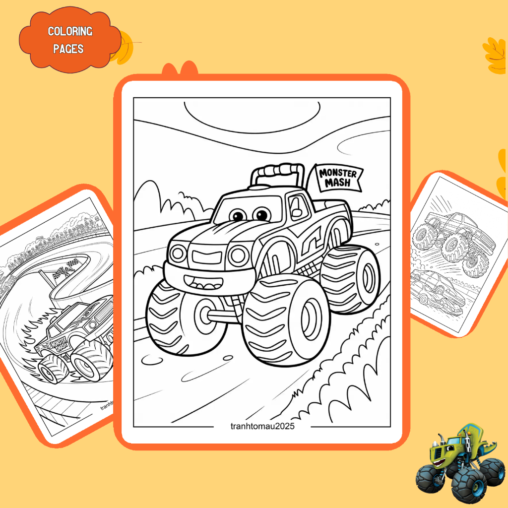 Bộ 50/25/10 tờ tranh tô màu, tranh tập tô cho bé, hình xe tải quái vật Monster Truck, giấy A4, A5 dà