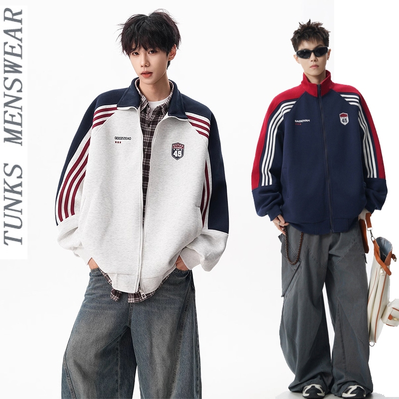 Retro Tương Phản Raglan Tay Áo Cardigan Thể Thao Áo Nỉ Nam Thu Đông Hợp Thời Trang Thương Hiệu Rời C