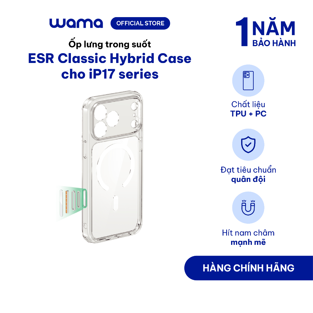 Ốp lưng ESR Classic Hybrid Case HaloLock TPU + PC trong suốt bảo vệ toàn diện màn hình và camera cho