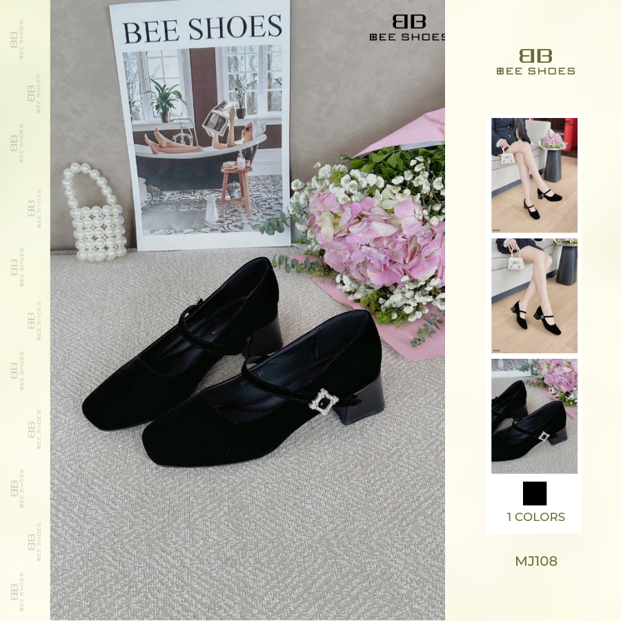 Giày mary jane nữ BEESHOES da lộn, quai ngang mũi vuông đế vuông cao 4 phân sẵn màu đen MJ108 (Form 
