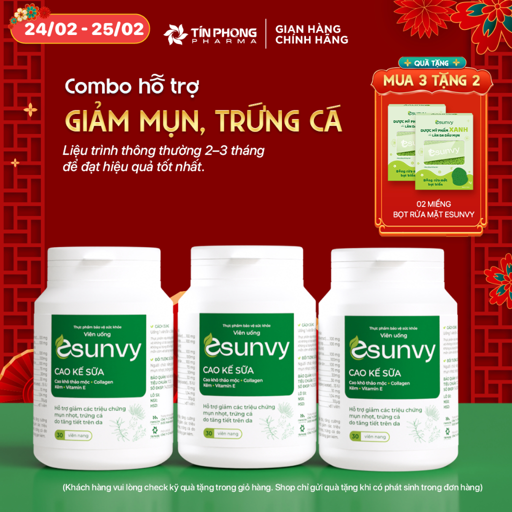 TPBVSK Esunvy Hỗ Trợ Giảm Bã Nhờn, Hỗ Trợ Giảm Mụn Combo 3 Hộp 30 Viên