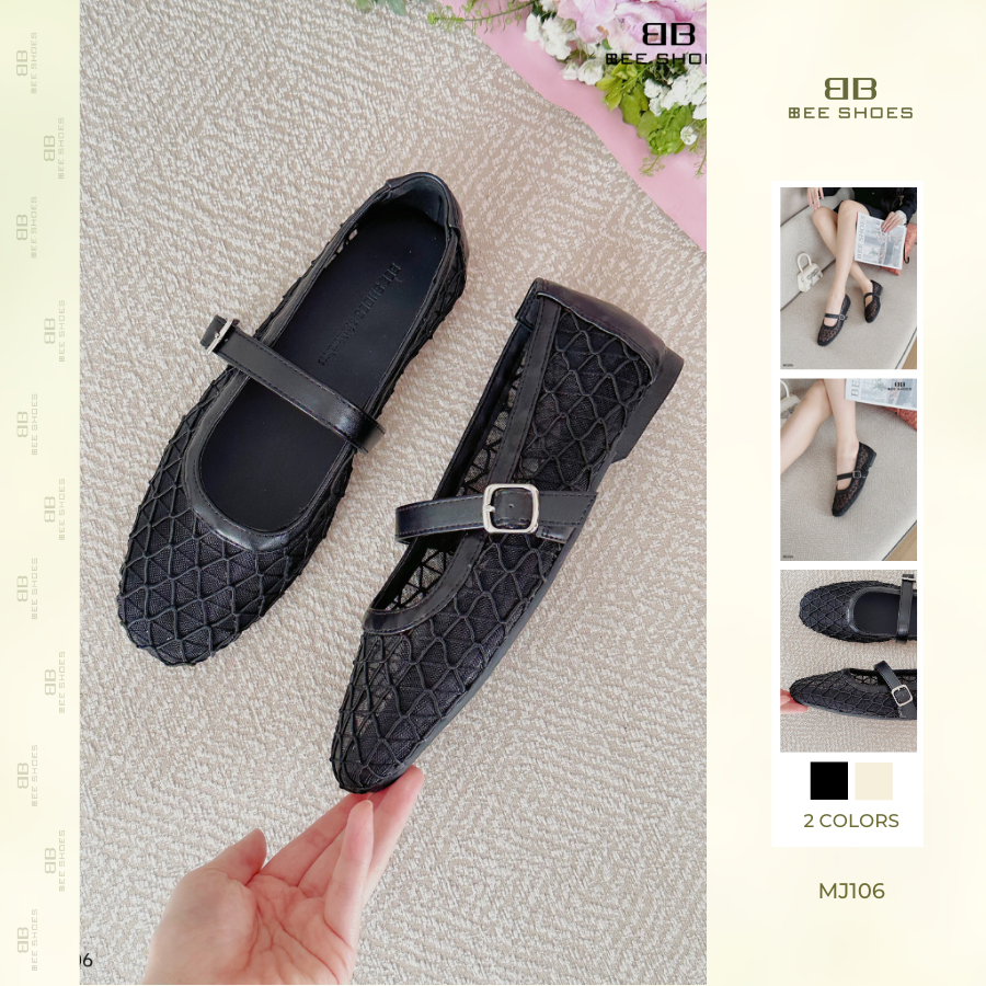 Giày mary jane BEESHOES lưới nữ mũi tròn đế thấp cao 1 phân sẵn màu kem - đen MJ106