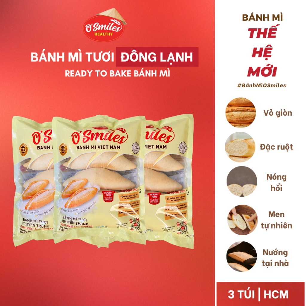 Combo 3 Bánh Mì Tươi Đông Lạnh O'Smiles 350g/túi/5 ổ OSmiles
