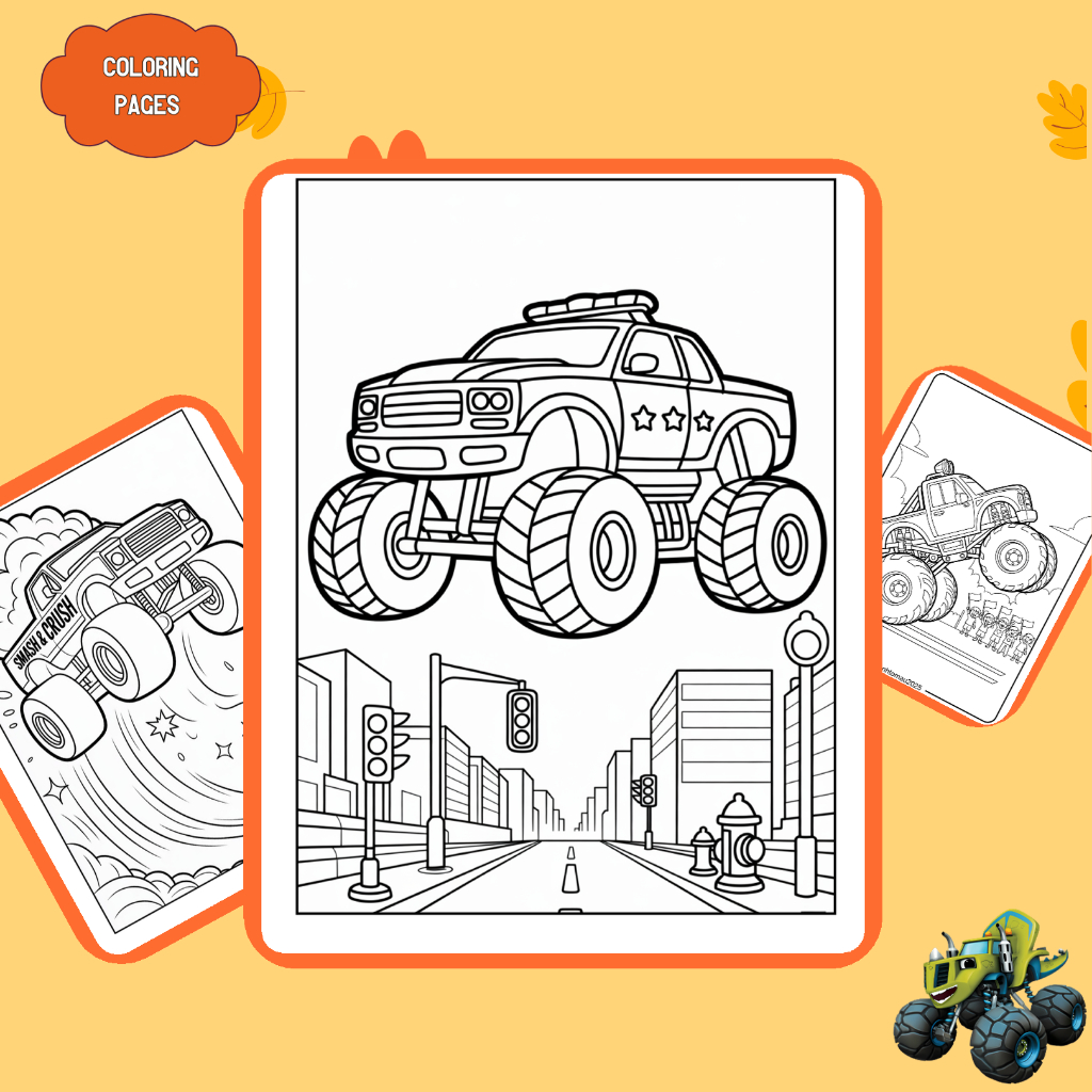 Bộ 50/25/10 tờ tranh tô màu, tranh tập tô cho bé, hình xe tải quái vật Monster Truck, giấy A4, A5 dà