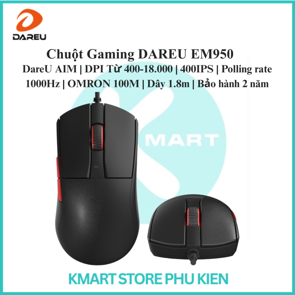 Chuột Gaming DAREU EM950 | DareU AIM | 400IPS | Polling rate 1000Hz | OMRON 100M | Dây 1.8m | Bảo hà