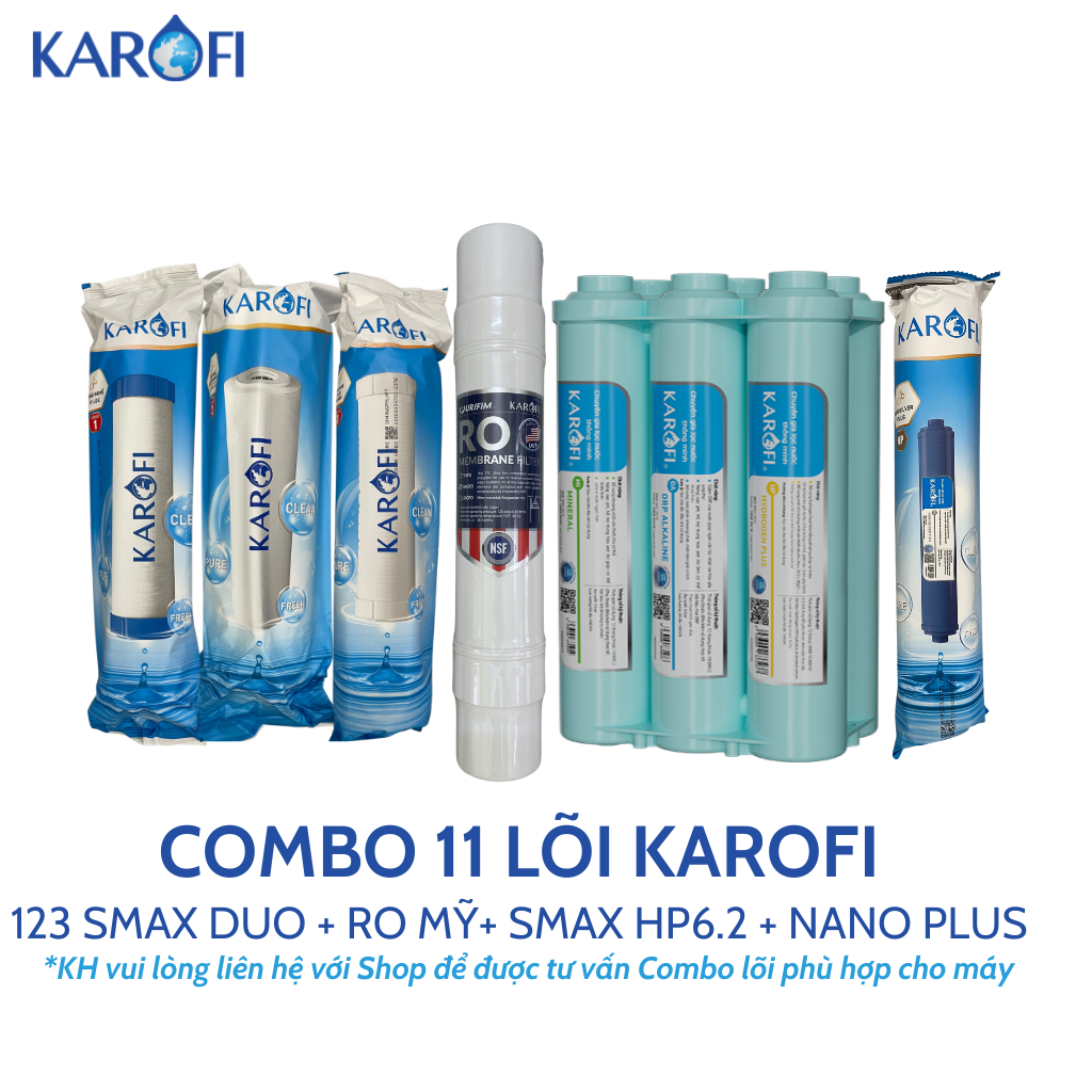 Bộ 11 lõi lọc nước Karofi chính hãng cho máy lọc nước Karofi KAD-D66 (123, RO 100 Mỹ, HP6.2, Nano)