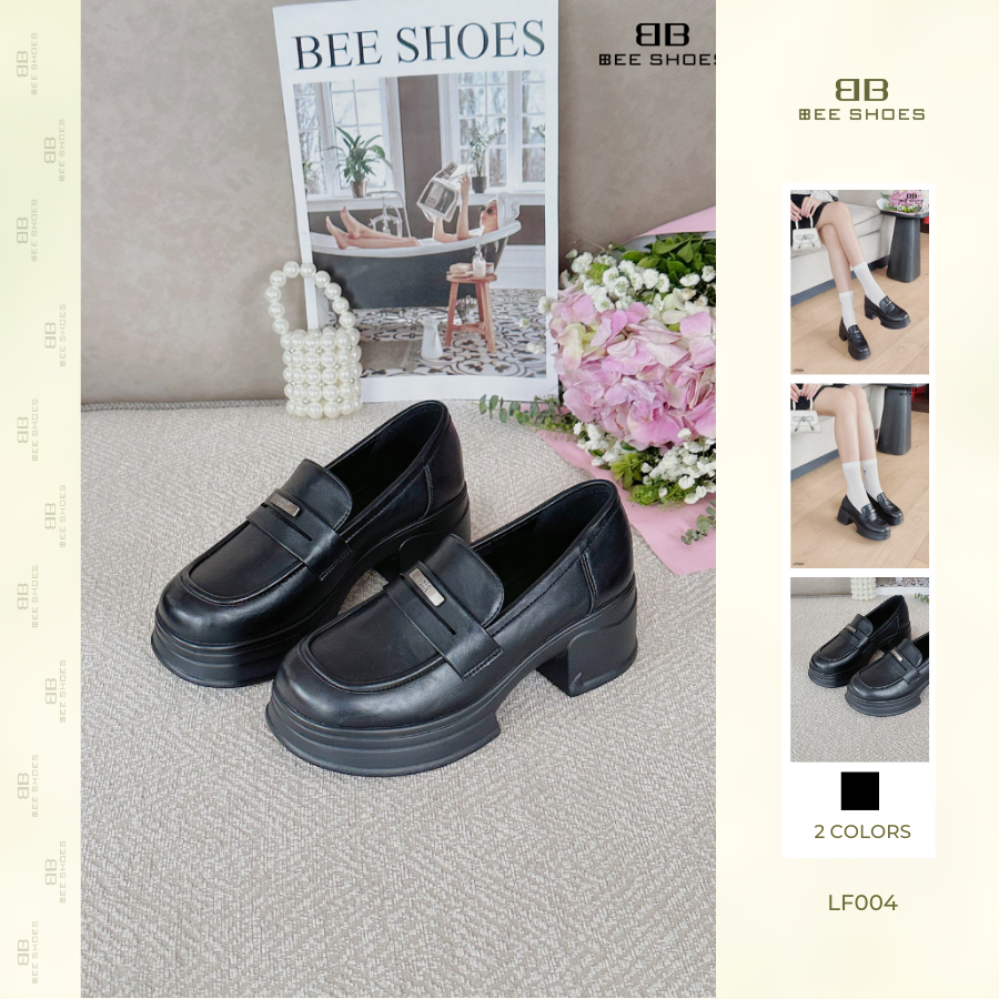 Giày loaf nữ BEESHOES, giày lười mũi tròn đế vuông cao 6 phân sẵn màu kem - đen LF004 (Form 1.5)