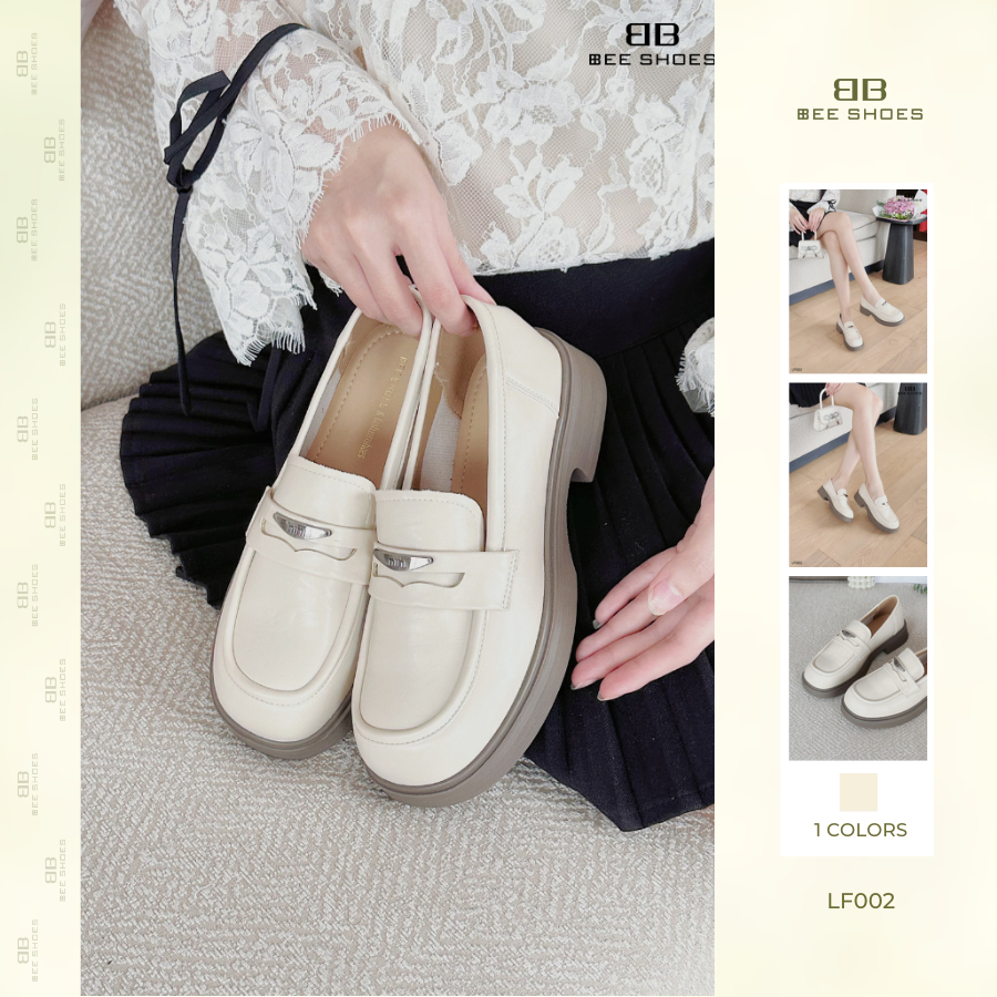Giày loafer nữ BEESHOES giày moka lười mũi tròn đế vuông cao 3 phân sẵn màu kem LF002 (Form 1.5)