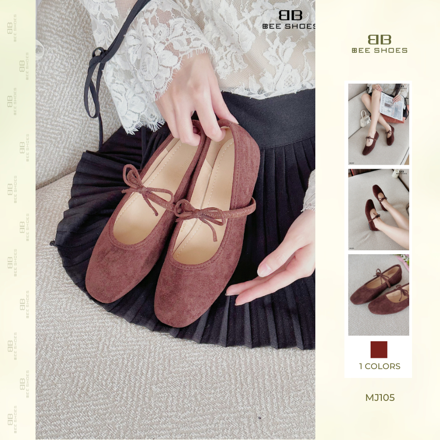 Giày mary jane nữ BEESHOES da lộn mũi tròn đế thấp 1 phân sẵn màu nâu MJ105 (Form 1.5)