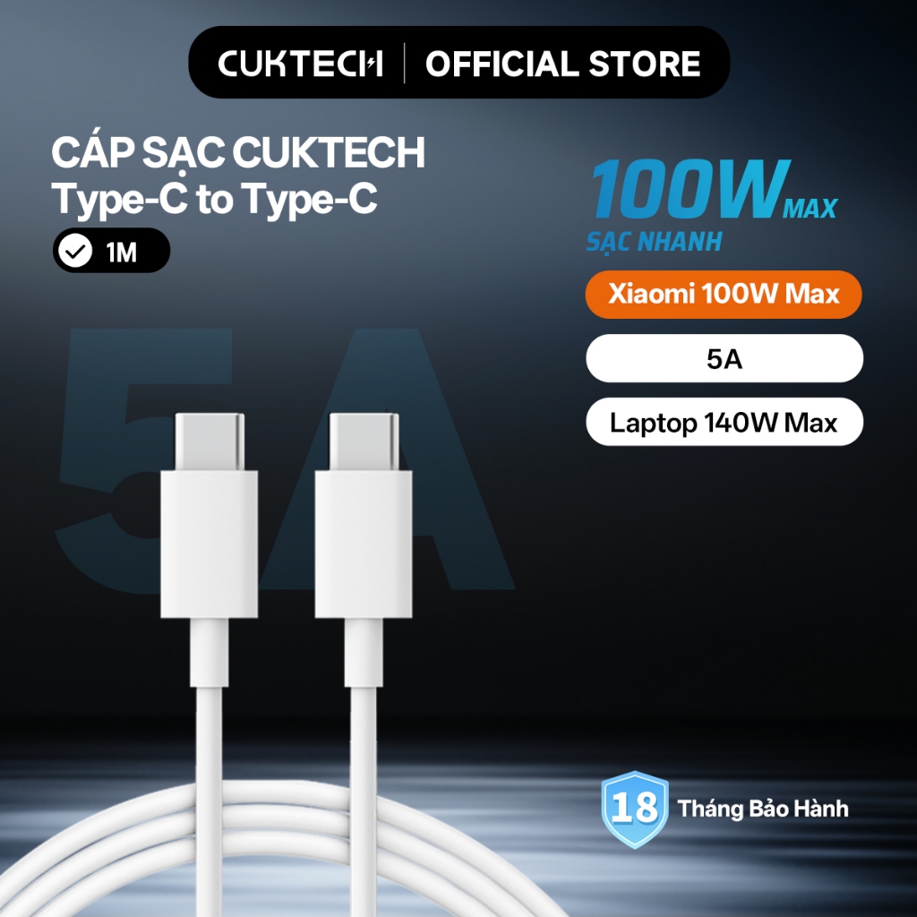 CUKTECH Cáp Sạc 100W Type-C to C cho iP16/15 MacBook Xiaomi Samsung Oppo Vivo (1m)