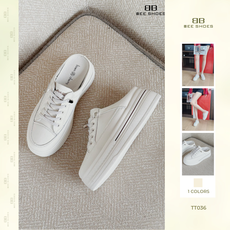 Giày thể thao nữ BEESHOES giày lười mũi tròn đế bằng cao 6 phân sẵn màu trắng TT036 (Form 1.5)
