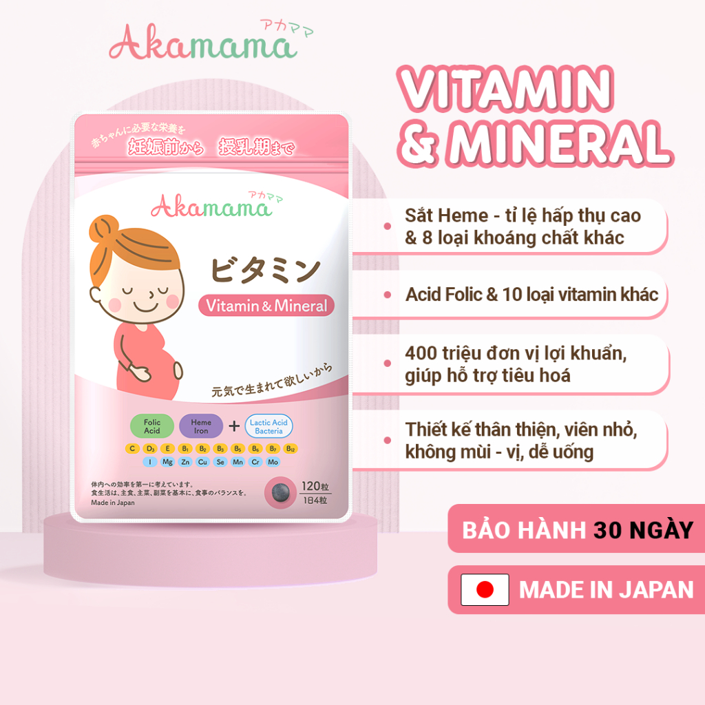 SẮT & VITAMIN cho bà bầu Akamama - Nhật Bản, hỗ trợ tiêu hoá, viên nhỏ, không vị, dễ uống - 120 viên