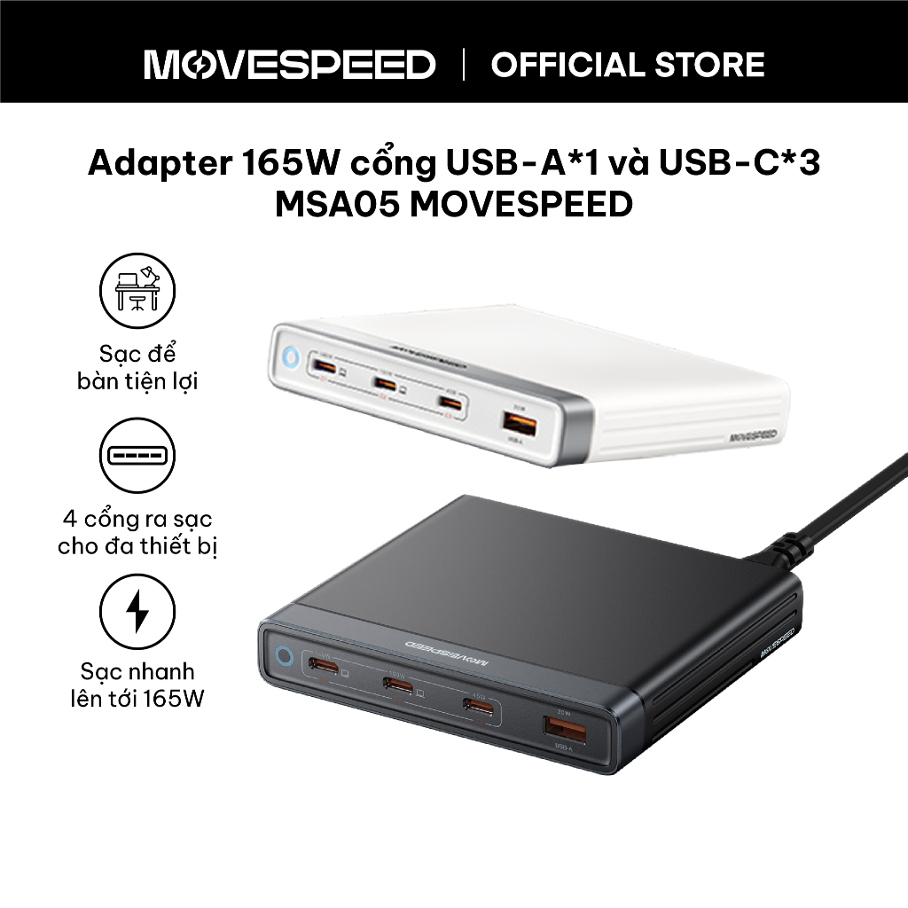 Adapter 165W MoveSpeed sạc để bàn tiện lợi 4 cổng sạc đa thiết bị