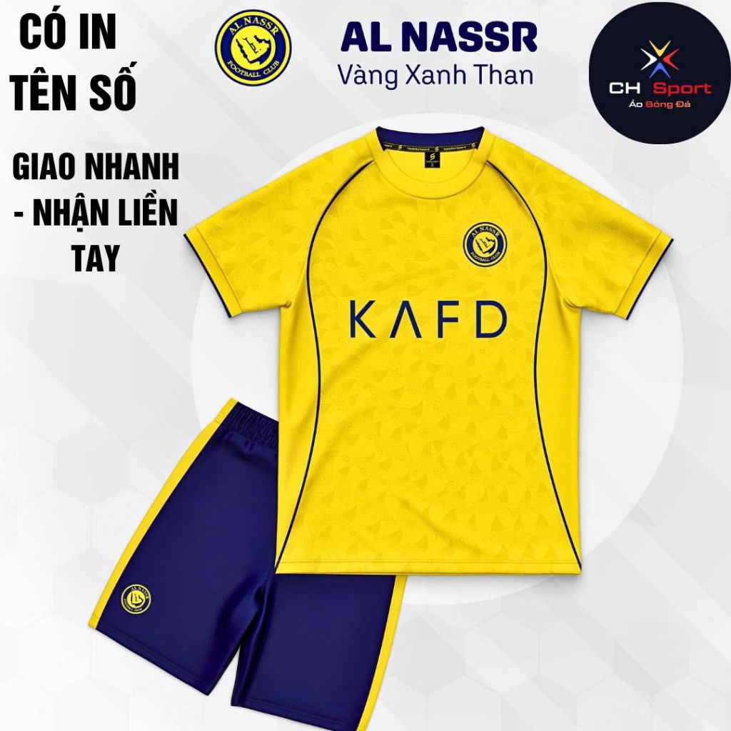 Al Nassr Ronaldo, quần áo bóng đá trẻ em, in tên số theo yêu cầu, in nhiệt không bong tróc, hàng sẵn