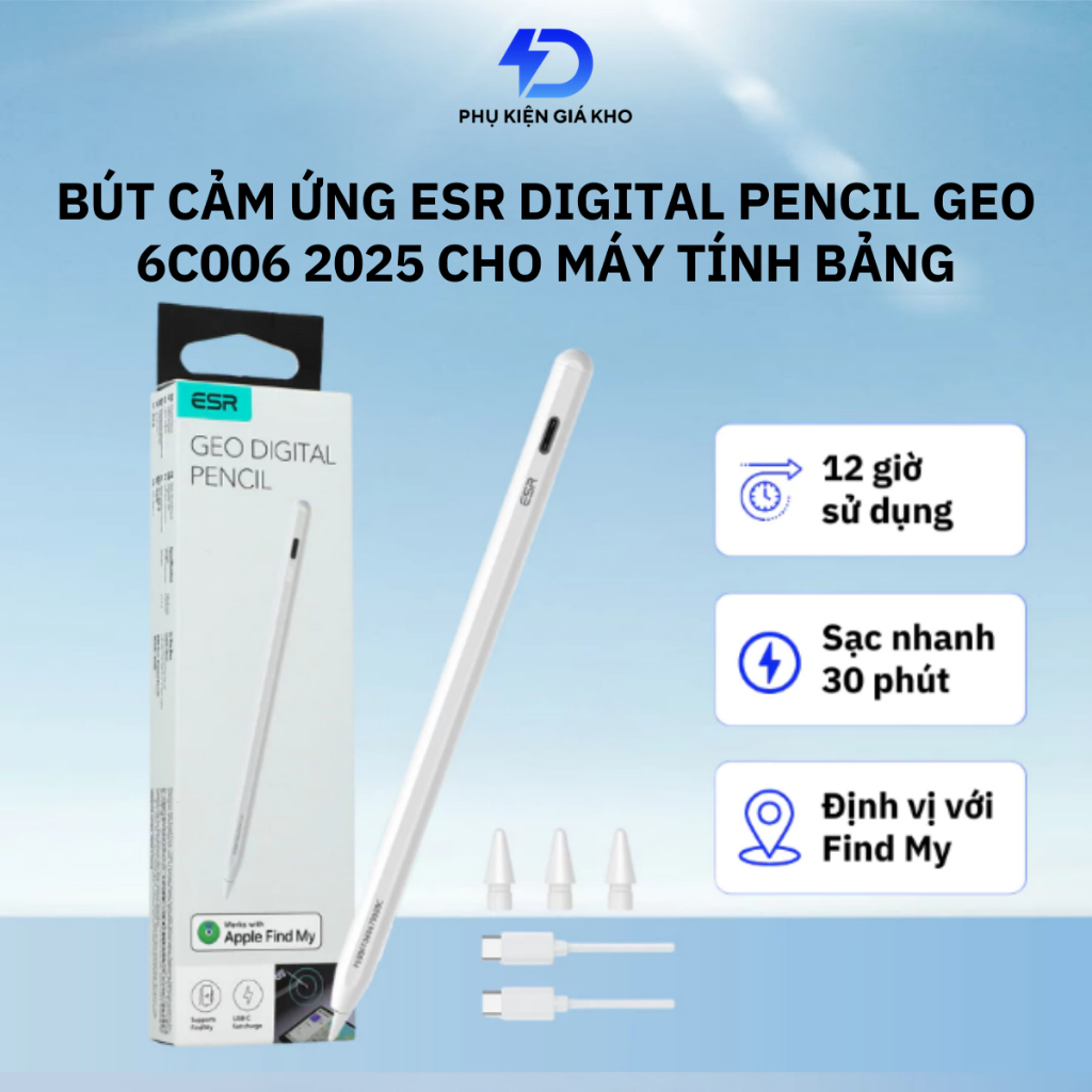 Bút cảm ứng ESR GEO Digital Pencil cho máy tính bảng gen 10/11 2024//Air M3/Pro M5 sạc nhanh Type-C