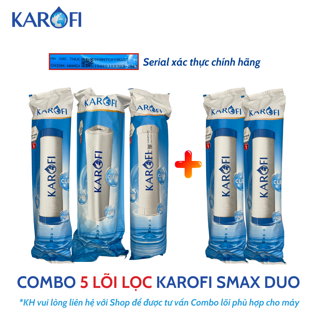 Combo lõi lọc nước Karofi Smax Duo Bộ 123 (123+1) hoặc (123+11) gồm bộ 123 và thêm lõi số 1 có thể thay thế trong 1 năm