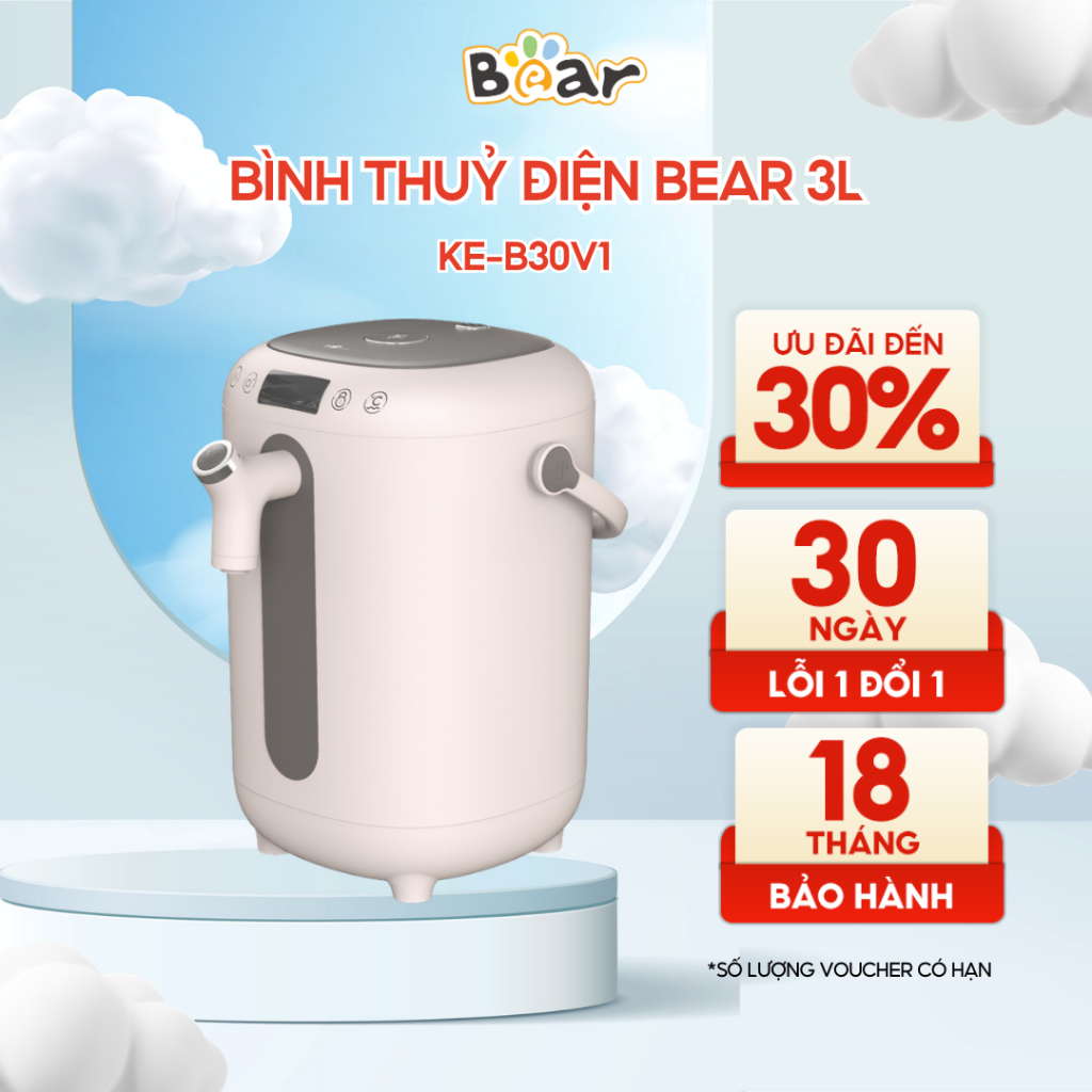 Bình thuỷ điện Bear 3L, bình đun nước giữ nhiệt khử Clo tiện lợi KE-B30V1