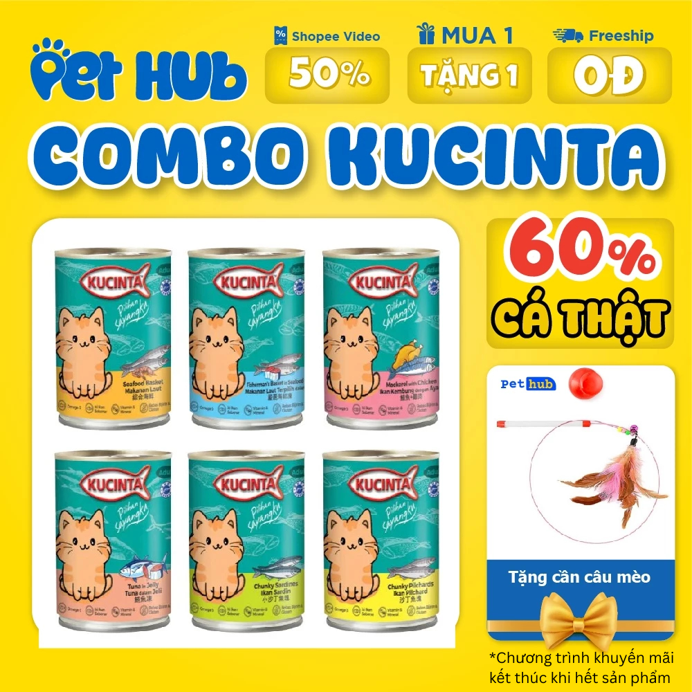 [400g] COMBO 10 & 5 lon PATE KUCINTA cho mèo - Pate Siêu Nhiều Cá và Hải Sản lon 400g cho mèo mọi lứa tuổi